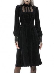 Gothic Devil Velvet Panel Lace Trim Long Sleeve Lace Stand Collar Dress
