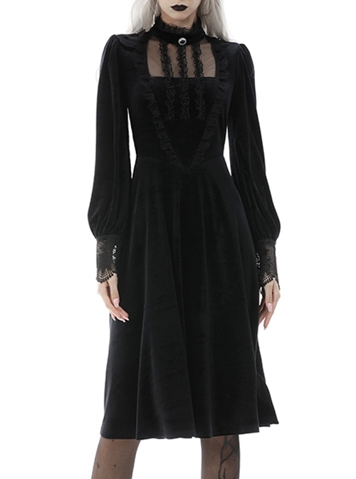 Gothic Devil Velvet Panel Lace Trim Long Sleeve Lace Stand Collar Dress