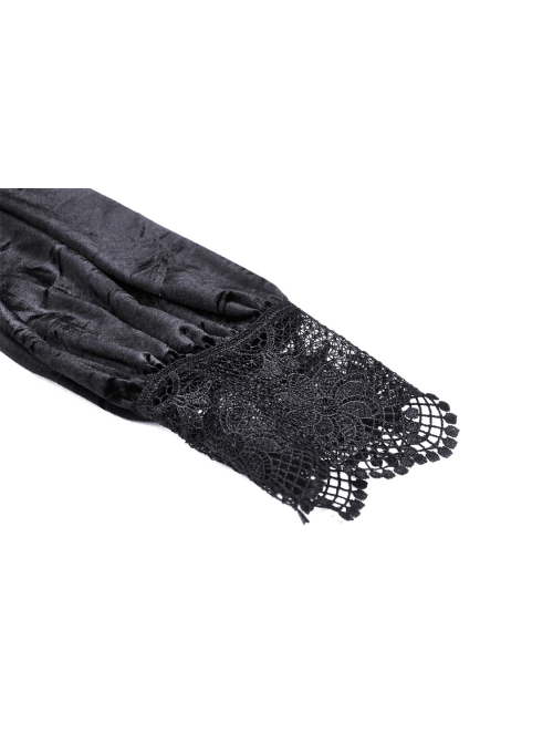 Gothic Devil Velvet Panel Lace Trim Long Sleeve Lace Stand Collar Dress