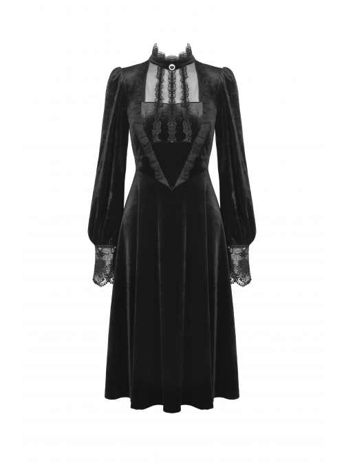 Gothic Devil Velvet Panel Lace Trim Long Sleeve Lace Stand Collar Dress