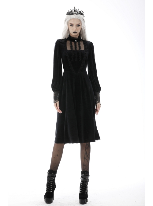 Gothic Devil Velvet Panel Lace Trim Long Sleeve Lace Stand Collar Dress