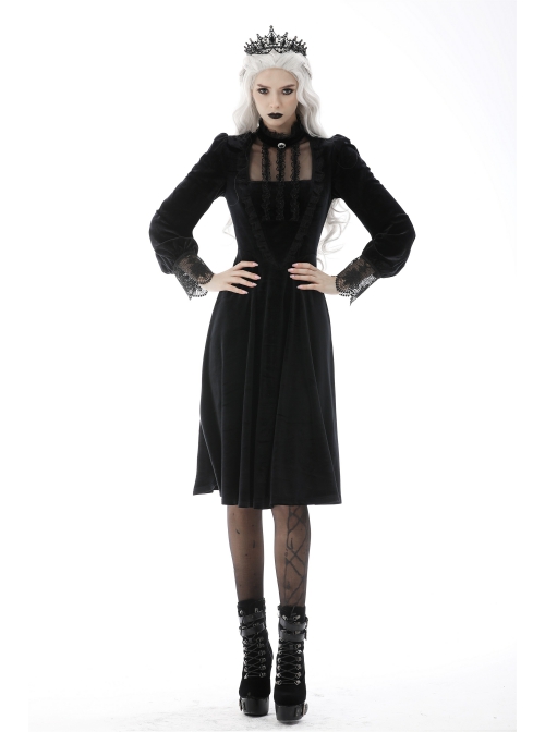 Gothic Devil Velvet Panel Lace Trim Long Sleeve Lace Stand Collar Dress