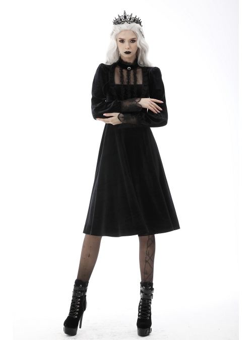 Gothic Devil Velvet Panel Lace Trim Long Sleeve Lace Stand Collar Dress