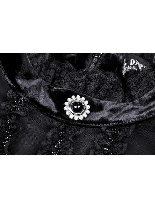 Gothic Devil Velvet Panel Lace Trim Long Sleeve Lace Stand Collar Dress