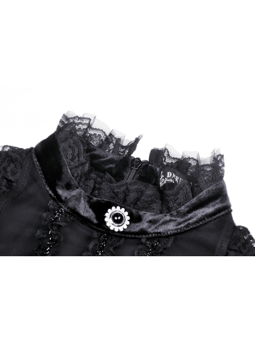 Gothic Devil Velvet Panel Lace Trim Long Sleeve Lace Stand Collar Dress