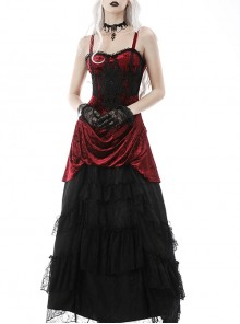 Gothic Velvet Pleated Design Black Embroidered Graphic-Print Tight Waist Sling Dress