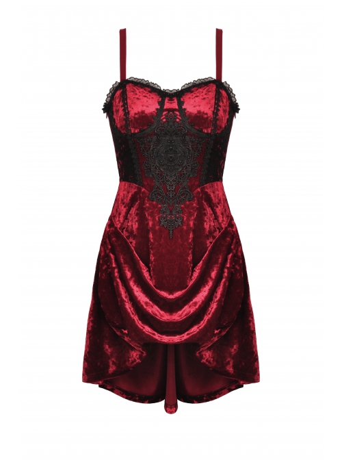 Gothic Velvet Pleated Design Black Embroidered Graphic-Print Tight Waist Sling Dress