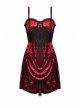 Gothic Velvet Pleated Design Black Embroidered Graphic-Print Tight Waist Sling Dress