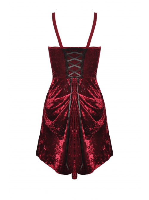 Gothic Velvet Pleated Design Black Embroidered Graphic-Print Tight Waist Sling Dress