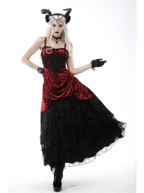 Gothic Velvet Pleated Design Black Embroidered Graphic-Print Tight Waist Sling Dress