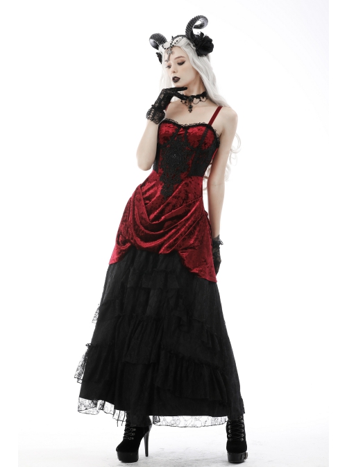 Gothic Velvet Pleated Design Black Embroidered Graphic-Print Tight Waist Sling Dress