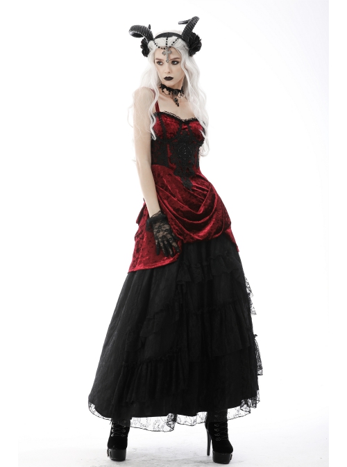 Gothic Velvet Pleated Design Black Embroidered Graphic-Print Tight Waist Sling Dress