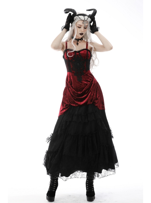 Gothic Velvet Pleated Design Black Embroidered Graphic-Print Tight Waist Sling Dress
