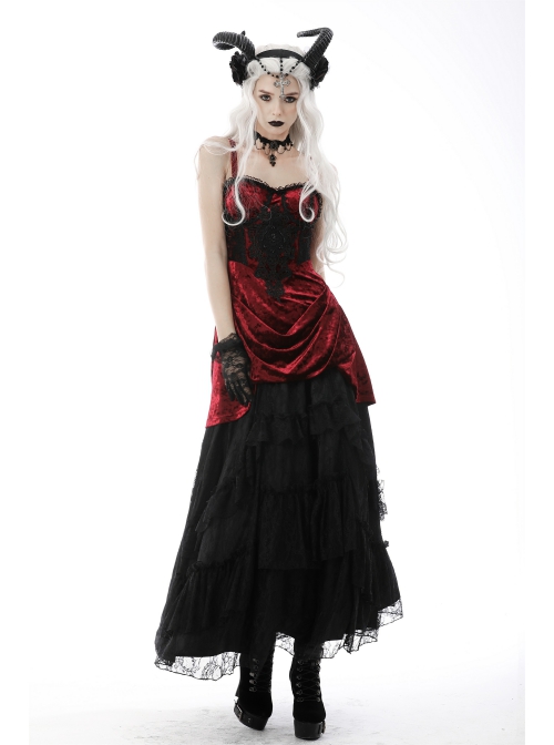 Gothic Velvet Pleated Design Black Embroidered Graphic-Print Tight Waist Sling Dress