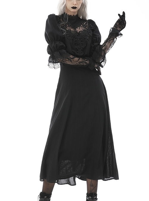 Gothic Cutout Sexy Lace Wings Embroidered Print Pattern Decoration Puff Long Sleeves Dress