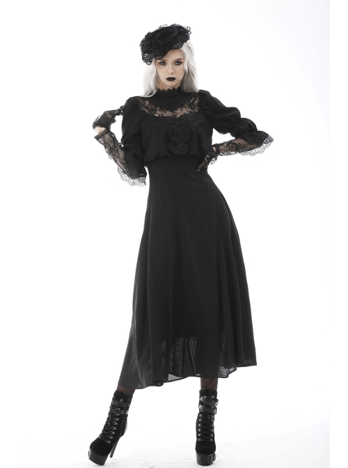 Gothic Cutout Sexy Lace Wings Embroidered Print Pattern Decoration Puff Long Sleeves Dress