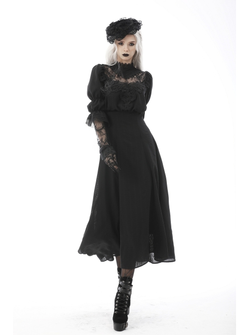Gothic Cutout Sexy Lace Wings Embroidered Print Pattern Decoration Puff Long Sleeves Dress