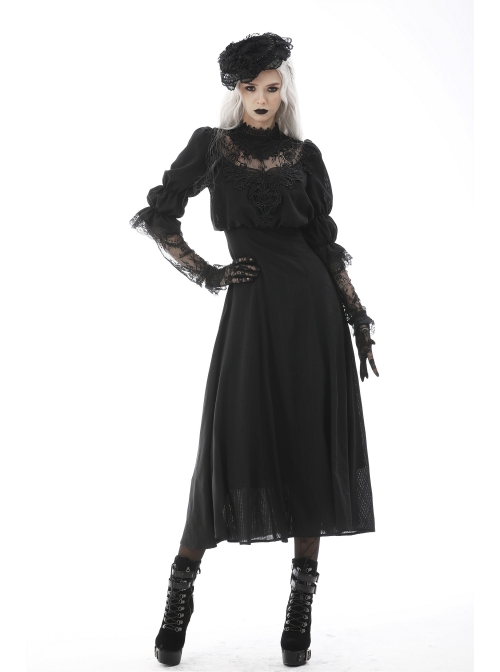 Gothic Cutout Sexy Lace Wings Embroidered Print Pattern Decoration Puff Long Sleeves Dress