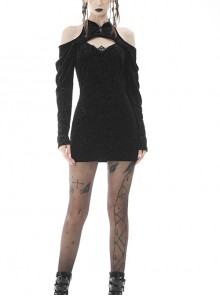 Retro Velvet Pattern Print Trim Off Shoulders Bodycon Stand Collar Long Sleeves Mini Dress