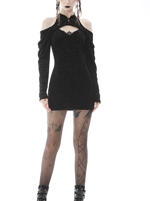 Retro Velvet Pattern Print Trim Off Shoulders Bodycon Stand Collar Long Sleeves Mini Dress