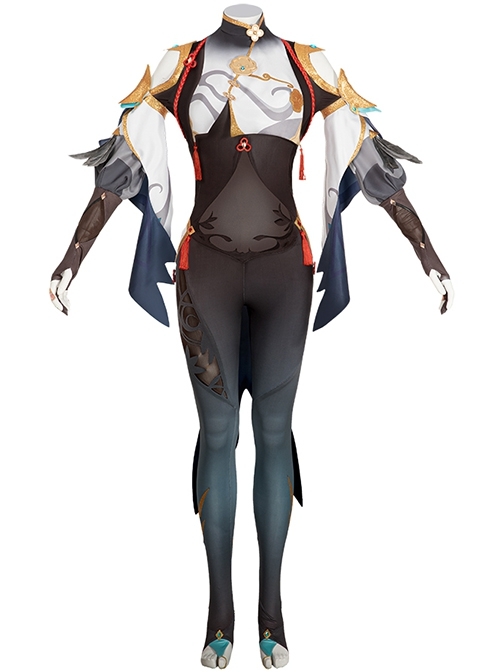 Game Genshin Impact Shenhe Halloween Cosplay Costume Hollow Out Design Bodysuit Full Set