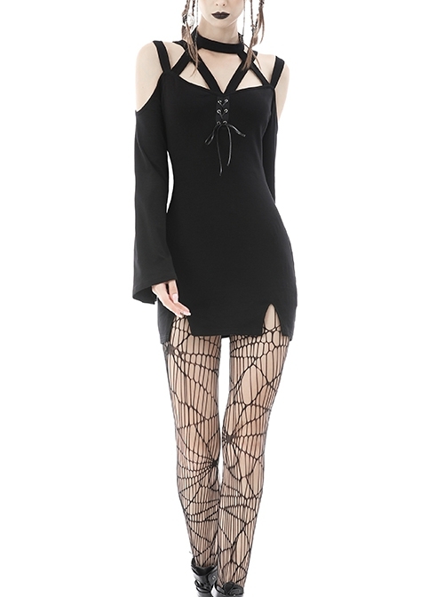 Black Punk Cross Strap Design Hollow Out Sexy Shoulder Long Sleeves Mini Dress