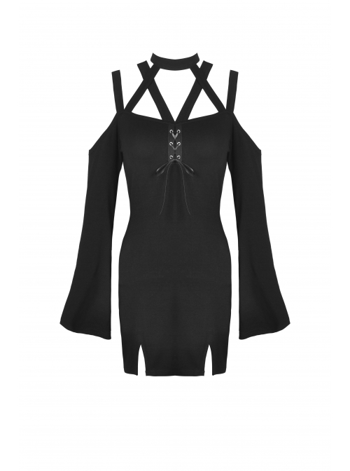 Black Punk Cross Strap Design Hollow Out Sexy Shoulder Long Sleeves Mini Dress