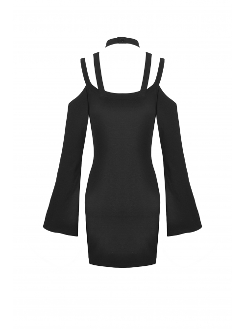 Black Punk Cross Strap Design Hollow Out Sexy Shoulder Long Sleeves Mini Dress