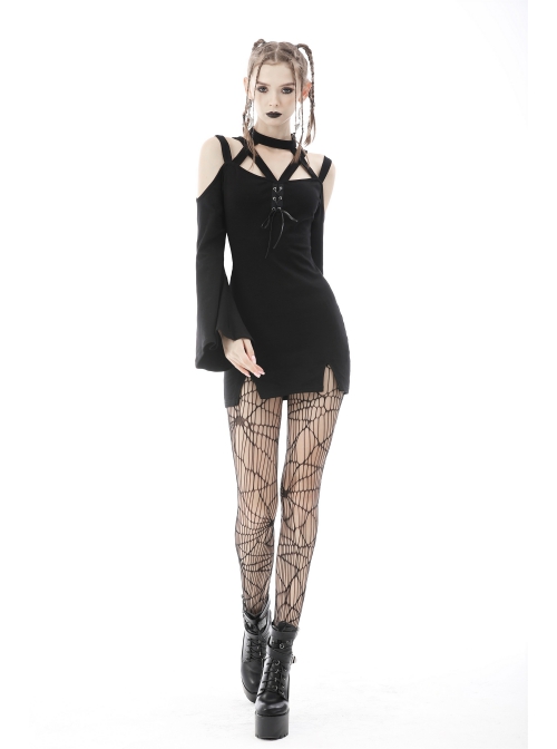 Black Punk Cross Strap Design Hollow Out Sexy Shoulder Long Sleeves Mini Dress
