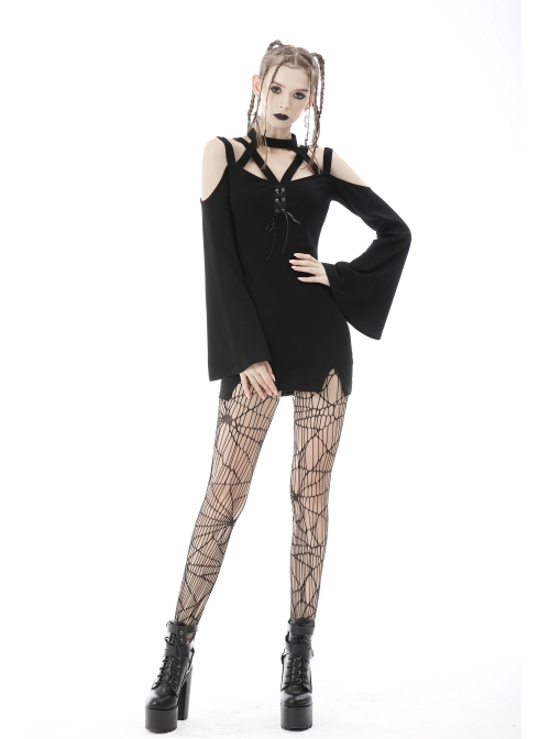 Black Punk Cross Strap Design Hollow Out Sexy Shoulder Long Sleeves Mini Dress