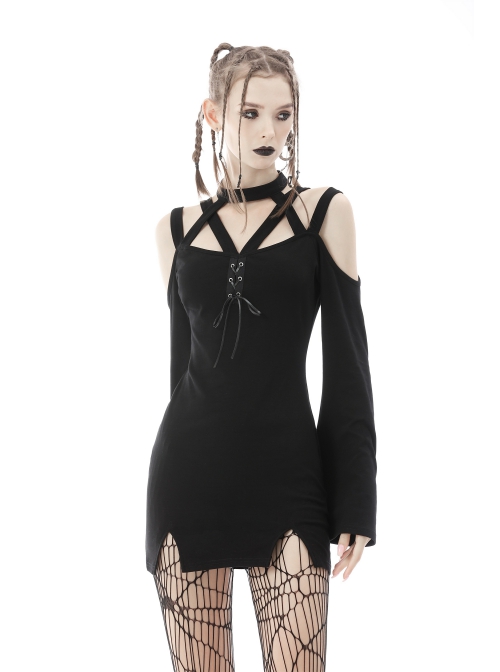 Black Punk Cross Strap Design Hollow Out Sexy Shoulder Long Sleeves Mini Dress
