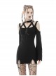 Black Punk Cross Strap Design Hollow Out Sexy Shoulder Long Sleeves Mini Dress