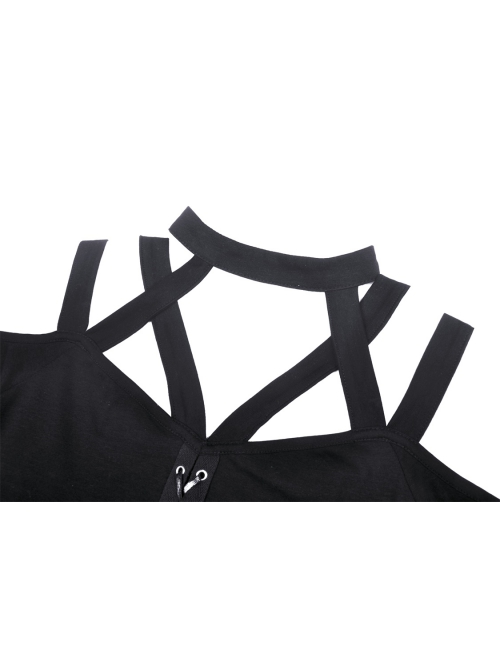 Black Punk Cross Strap Design Hollow Out Sexy Shoulder Long Sleeves Mini Dress