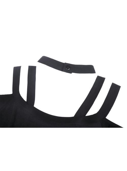 Black Punk Cross Strap Design Hollow Out Sexy Shoulder Long Sleeves Mini Dress