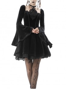 Gothic Flared Sleeve Design Square Neck Embroidered Print Decoration Black Princess Halter Dress