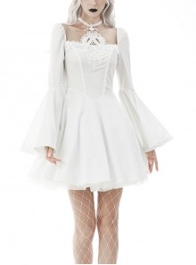 Gothic Flared Sleeve Design Square Neck Embroidered Print Decoration White Princess Halter Dress