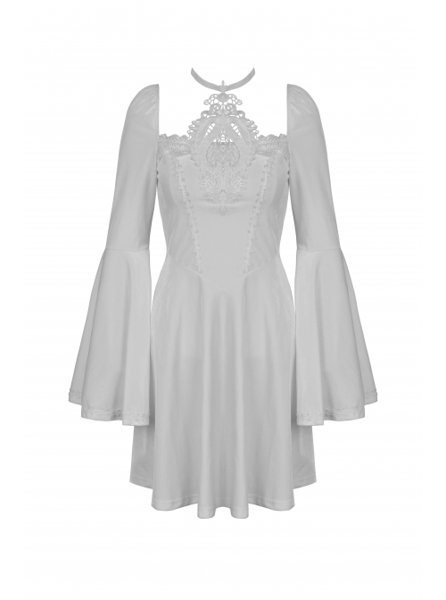 Gothic Flared Sleeve Design Square Neck Embroidered Print Decoration White Princess Halter Dress