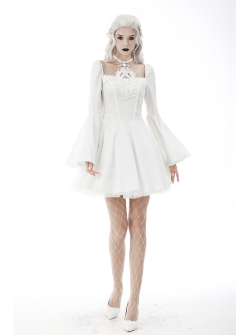 Gothic Flared Sleeve Design Square Neck Embroidered Print Decoration White Princess Halter Dress