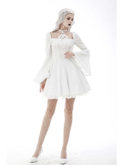 Gothic Flared Sleeve Design Square Neck Embroidered Print Decoration White Princess Halter Dress