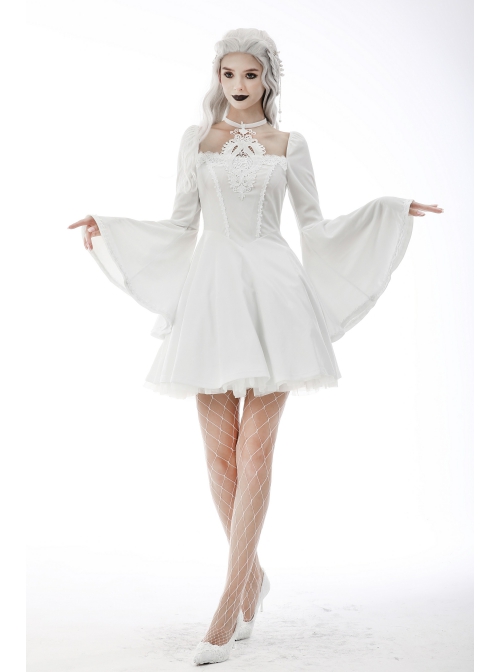 Gothic Flared Sleeve Design Square Neck Embroidered Print Decoration White Princess Halter Dress