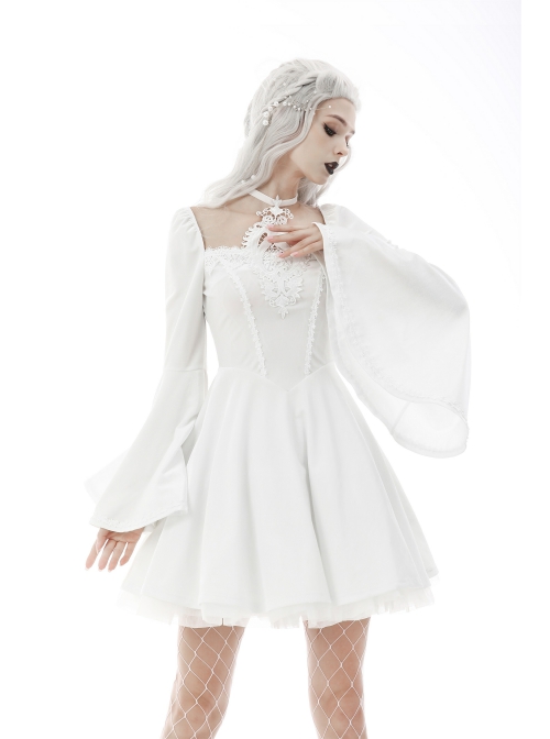 Gothic Flared Sleeve Design Square Neck Embroidered Print Decoration White Princess Halter Dress