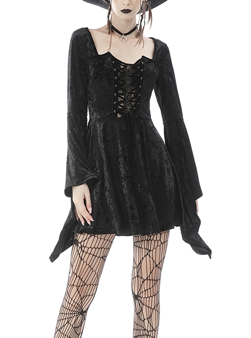 Gothic Devil'S Sharp Ear Square Collar Cross Strap Design Trumpet Sleeve Velvet Dress