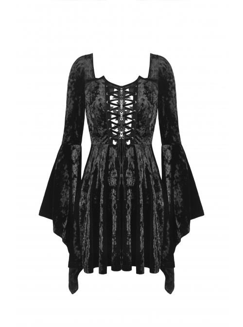 Gothic Devil'S Sharp Ear Square Collar Cross Strap Design Trumpet Sleeve Velvet Dress
