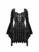 Gothic Devil'S Sharp Ear Square Collar Cross Strap Design Trumpet Sleeve Velvet Dress
