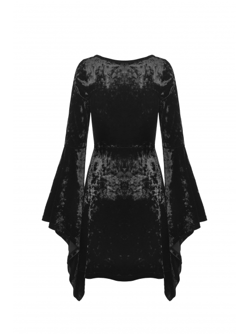 Gothic Devil'S Sharp Ear Square Collar Cross Strap Design Trumpet Sleeve Velvet Dress