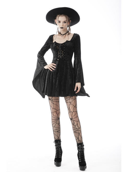 Gothic Devil'S Sharp Ear Square Collar Cross Strap Design Trumpet Sleeve Velvet Dress
