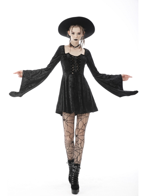 Gothic Devil'S Sharp Ear Square Collar Cross Strap Design Trumpet Sleeve Velvet Dress