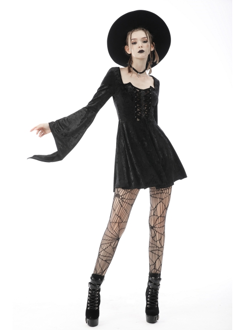 Gothic Devil'S Sharp Ear Square Collar Cross Strap Design Trumpet Sleeve Velvet Dress