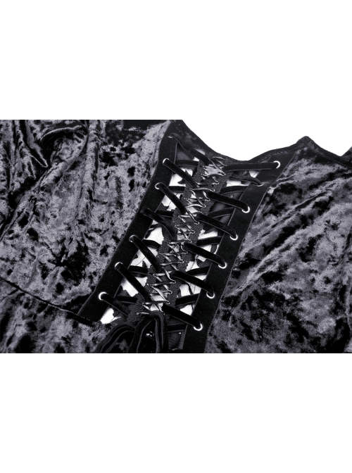 Gothic Devil'S Sharp Ear Square Collar Cross Strap Design Trumpet Sleeve Velvet Dress