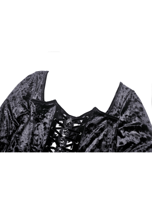 Gothic Devil'S Sharp Ear Square Collar Cross Strap Design Trumpet Sleeve Velvet Dress